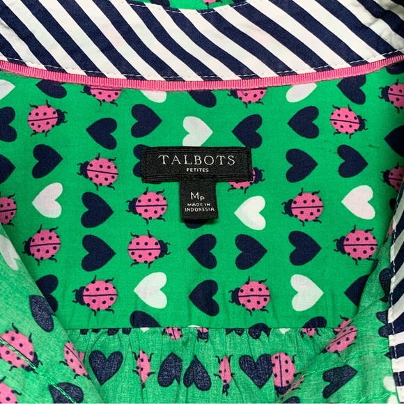 Talbots Green and Pink Vintage Heart and Ladybug Print Blouse, EUC, Med Petite - Picture 3 of 8